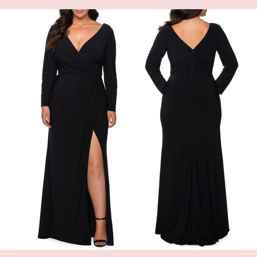 NEW $338 La Femme [ size‎ 20 ] Long Sleeve Faux Wrap Gown in Black